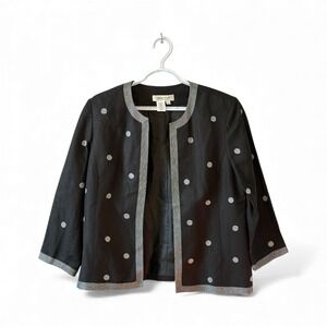 Coldwater Creek Black Polka Dot Collarless Open Front 3/4 Sleeve  Jacket P12